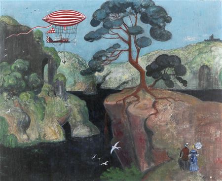 Karel Toman : Zeppelin-shaped captive balloon over a mountainous river landscape, strolling couple on the right