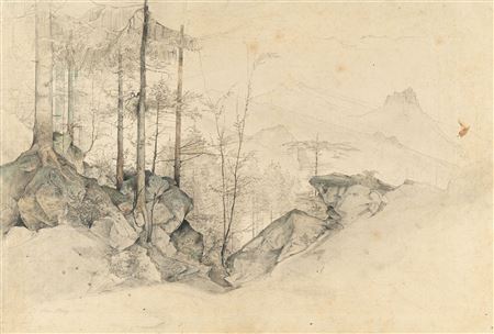 Heinrich Franz Dreber : Trees on the rocky slope