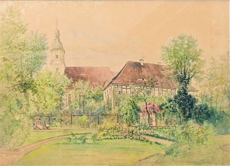 Otto Ludwig Schneider : Kirche und Pfarrhaus mit Pfarrgarten, Dresden Weixdorf (?)