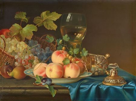 Justus Juncker : Still life with a Chinese Dish with Peaches, a Roemer, a Silver Covered Cup and Grape Vines