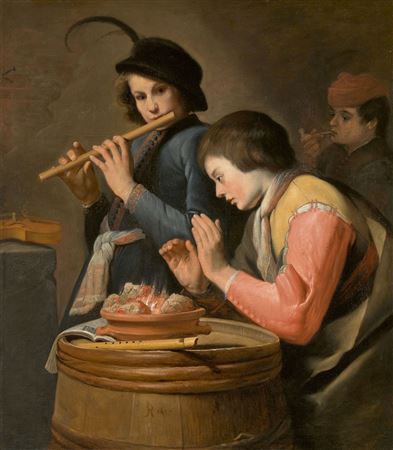 Theodor Rombouts : Two young flute players at a brazier and a smoker