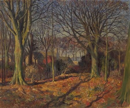 James Torrington Bell : VILLAGE BY THE WOODS, AUTUMN