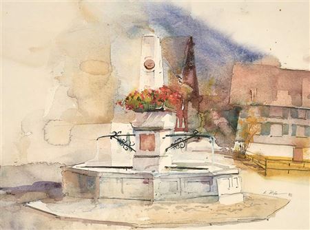 Heinz Hofer : View of the Hatler fountain in Hatlerdorf/Dornbirn