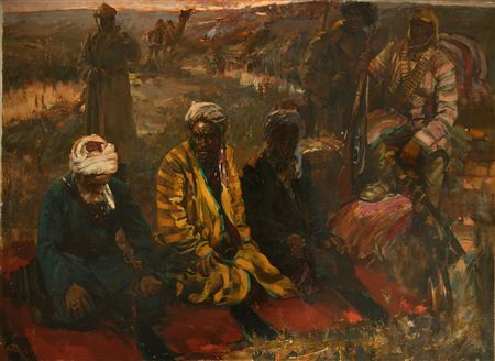 Vladimir Vassilievitch Kuznetsov : Three North African figures at Prayer with guards in attendance