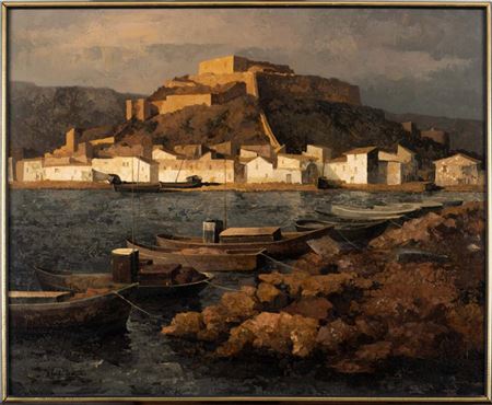 Angel Estrada : Landscape with castle and boats