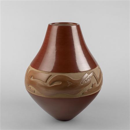 LuAnn Tafoya : Polychrome Pottery Jar with Carved Avanyu, ca. 1985