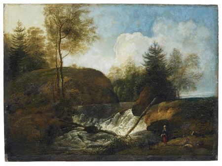 Johan Christian Klengel : 'Landschaft mit Wasserfall, rechts vorn eine Hirtin mit Vieh. Um'