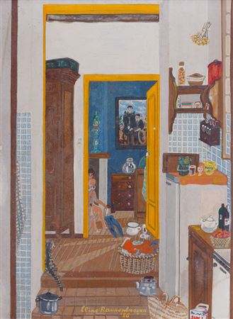 Eline Rausenberger : Young girl undressing in the living room seen from the kitchen