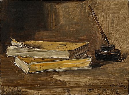 Antoine Vollon : Still Life of Books with a Pen and Ink Well