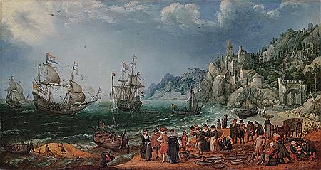 Adam Willaerts : Dutch Ships off a Rocky Coast with a Fishmarket on the Beach