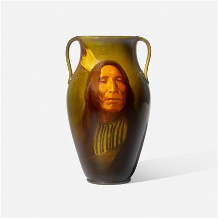 Artus Van Briggle : Black Eye (Standard Glaze Native American portrait vase)