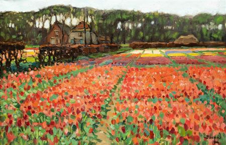 Bernardus Petrus (Ben) Viegers : Red bulb fields with a row of trees in the distance