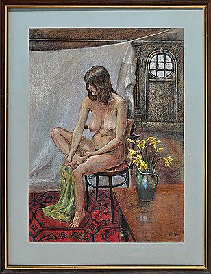 Richard Flynn : A female nude study with daffodils