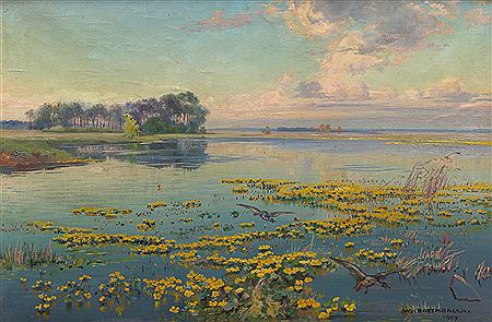 Wawrzyniec Chorembalski : River with yellow water lilies, 1957.