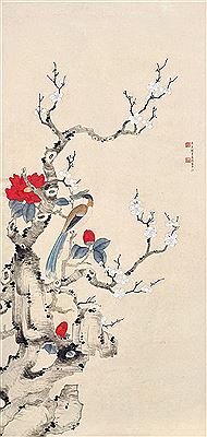 Yuemei Xie : MAGPIE PERCHING BY BLOSSOMS