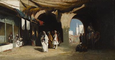 Henry Van Wyk : A view of a North African courtyard with market beyond