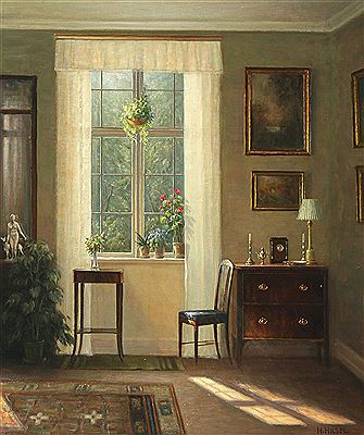 Hans (Hilsoe) Hilse : Interior from a living room with Empire furniture and natural light from the garden