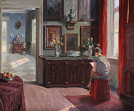 Robert Panitzsch : Interior from a living room with a young girl reading by the window.