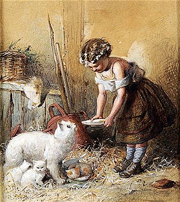 Richard C Huttula : Showing young girl feeding a white cat and her kittens