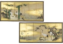 Tani Buncho : Pine tree, bamboo, plum, and crane(a pair of 6-panel byobu screens)