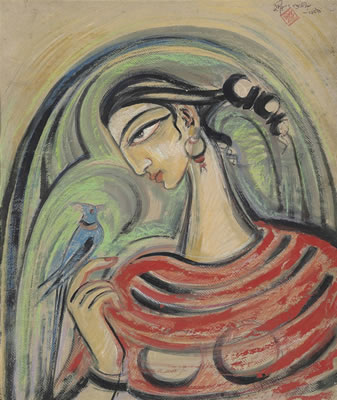 Sudhir Ranjan Khastgir : Untitled (Lady with Bird)