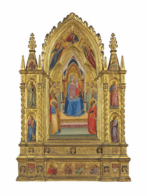 Bernardo Daddi : THE MADONNA AND CHILD ENTHRONED WITH SAINTS (Estimate Upon Request)