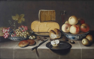 Roelof Koets I : Cheese on a silver plate, red and white grapes and apples in porcelain Wanli bowls, bread rolls, a knife and a sliced apple on a plate, all on a draped table