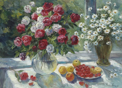 Dmitri Arkadievich Nalbandyan : Still life with roses and daisies