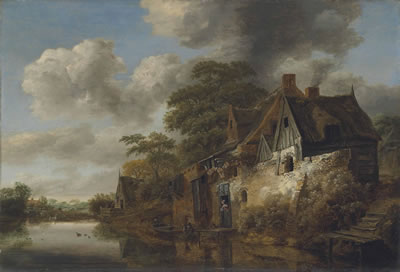 Cornelis Gerritsz Decker : A river landscape with a woman at the door of a cottage and a fisherman bringing in his catch