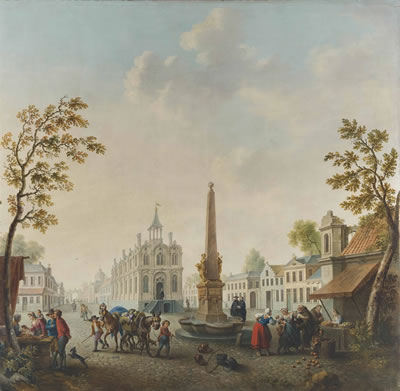 Jan Anton Garemyn : A continental town square with street vendors by a fountain and boys leading mules with flower baskets