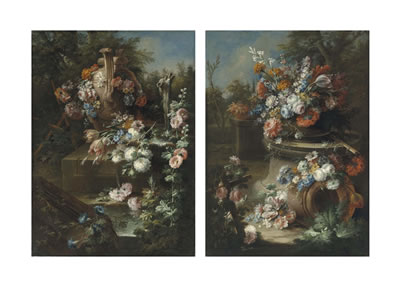 Gasparo Lopez : An urn and fountain strewn with flowers by a stream; and An urn on a pedestal brimming with flowers in a garden (pair)