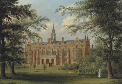 Richard Bankes Harraden : A view of Sidney Sussex College, Cambridge, with figures on the grass