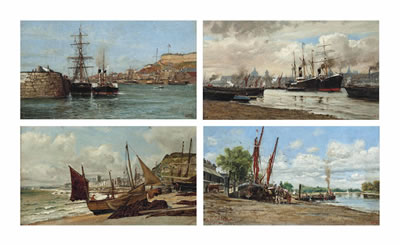 Frederick A Winkfield : St Helier, Jersey; The Thames, with St Paul's beyond; The shore at Hastings; and Along the riverbank