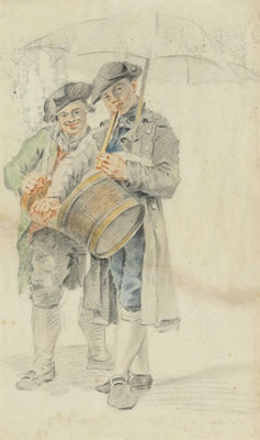 Jacobus Perkois : Double portrait of the drummers J.A. Matot and J. Renier, one holding a flute and an umbrella