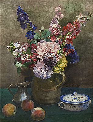 Paul David Faure : Nature morte au vase de fleurs et pêches