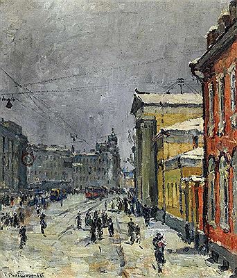 Boris Fedorovitch Rybchenkov : Die Moskauer Mokhovaya Strasse mit dem Kalinin-Museum im Winter