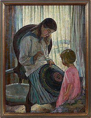 Roy Gamble : WOMAN SEWING RUG WITH CHILD WATCHING