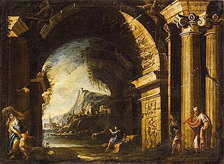 Ascanio Luciani : A pair of architectural capricci with scenes from the Old Testament, Abraham with the three angels and the expulsion of Hagar and Ismae