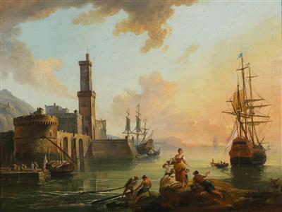 Jean Baptiste Lallemand : Fishermen and courtesans in a Mediterranean port at sunset; and Fishermen and Oriental merchants in a Mediterranean port at sunrise (2)