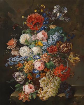 Josef Mansfeld : A large bouquet of flowers with grapes