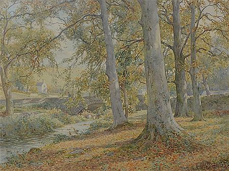 Ralph William Bardill : 'Sunny September morning, Glan Conway' The painting depicting a wooded landscape before a bridge and river