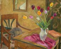 René Francillon : 'Bouquet de tulipes, fauteuil et chat', 1925