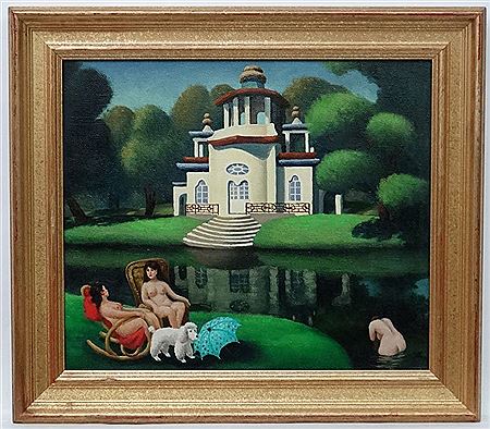 Mikhail Pavlovitch Zhuravlov : 'The bathers', Naive landscape depicting nude bathers before a landmark building