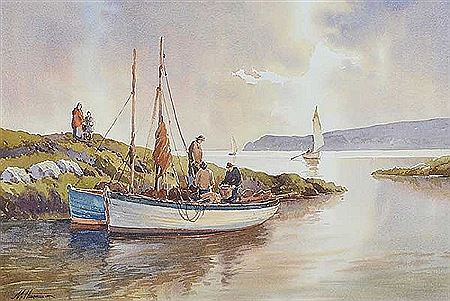 Martin Hasson : FISHING BOATS IN THE MORNING SUN NEAR CUSHENDUN