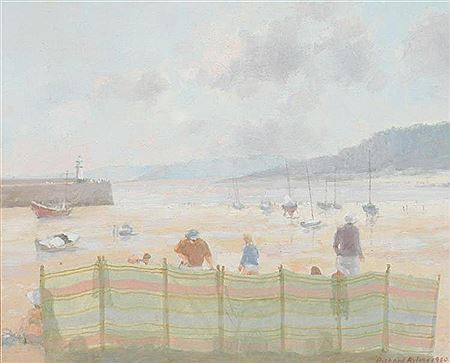 Richard Ayling : BEACH SCENE WITH DISTANT LIGHTHOUSE