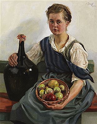 Otto Keck : Mädchen mit Obstkorb und Weinflasche. 1930