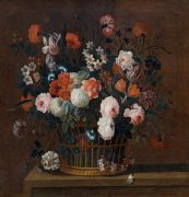 Simon Hardime : Still life with flowers in a woven basket on a table.