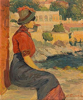 Georges Pomerat : Femme assise sur la corniche.