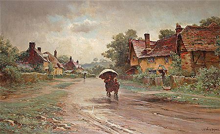 Creswick Boydell : Showery Day, with figures on village street