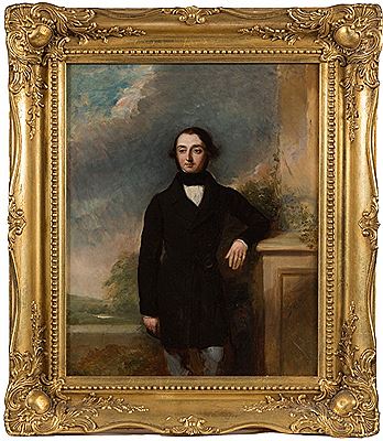 Edward Hayes : Portrait of a Gentleman, with elbow resting on a plinth, standing in a landscape